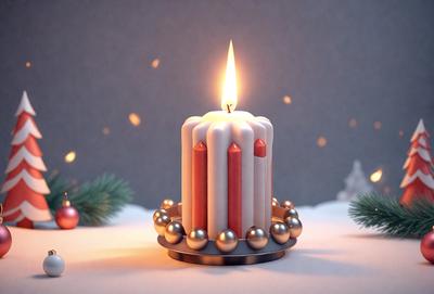 The primary subject of the image is a lit candle on a white surface, possibly a table. The candle is surrounded by a decorative arrangement of gold and red balls, creating a festive and warm atmosphere. The setting appears to be indoors, with a Christmas tree in the background, further emphasizing the holiday theme. The visual style of the image is a combination of photo and digital art, with the candle and balls appearing to be realistic while the Christmas tree is a digital element. The colors and mood of